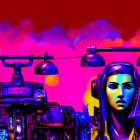 Colorful digital art: Female figure with headphones on neon pink backdrop with mechanical elements