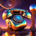 Surreal vintage rotary phone against twilight sky with swirling patterns