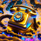 Vintage rotary telephone on abstract blue and gold liquid background