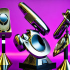 Three sleek futuristic speakers on pedestals in front of a purple backdrop