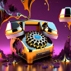 Surreal golden rotary phone with melting details in colorful liquid splash scene