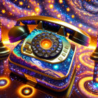 Vintage Rotary Dial Phone with Cosmic Design on Space-themed Backdrop