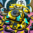Vintage yellow and black rotary phone with disconnected parts on whimsical background