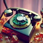 Colorful gemstone-adorned vintage-style telephone on reflective surface with scattered crystals against warm, soft