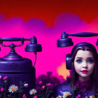 Surreal girl's face with floral decorations on vintage telephone in pink-purple backdrop