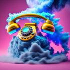 Neon-colored vintage telephone in vibrant smoke on pink backdrop