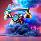 Vintage Rotary Phone Floating Above Blue and Pink Smoke on Gradient Background