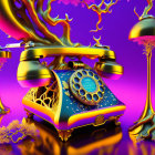 Surreal digital artwork of rotary phone with colorful trails on purple background