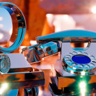 Vintage Turquoise Rotary Phone on Mirrored Surface with Golden Rock Background
