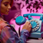Woman dialing retro blue rotary phone under pink lighting