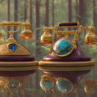Vintage Telephone with Wooden Base and Golden Accents in Mystical Forest Setting