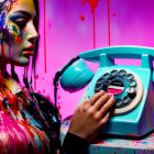 Colorful paint drips on person holding vintage telephone against vibrant background