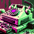 Retro-futuristic rotary phone illustration on dual-tone background