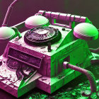Surreal digital art: Vintage rotary phones with geometric shapes in neon green and purple setting