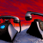 Vintage Telephones Covered in Snow with Red Sky and Snowy Landscape