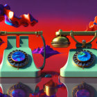 Vintage telephones on reflective surface with vibrant flames and melting objects