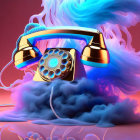 Vintage Rotary Telephone with Gold Accents in Blue and Purple Smoke on Red Background