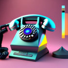 Vintage rotary phone with iridescent dial on pink background, '80s aesthetic with geometric shapes and