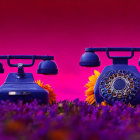 Vintage rotary telephones on bed of leaves with sunflowers under purple and pink lighting