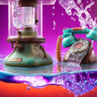 Vintage telephones submerged in water with splashes on purple background