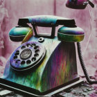 Colorful Vintage Telephone with Paint Splatters and Pensive Girl Backdrop