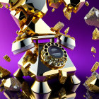 Luxury watch with gold fragments and precious stones on purple background