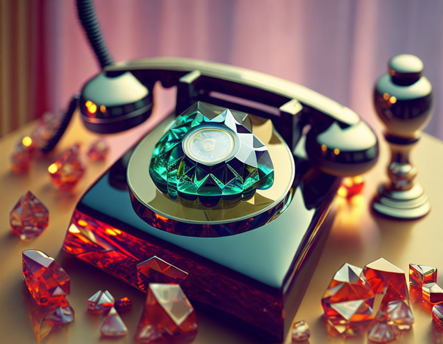 Vintage Rotary Phone with Emerald-Cut Gemstone and Crystals