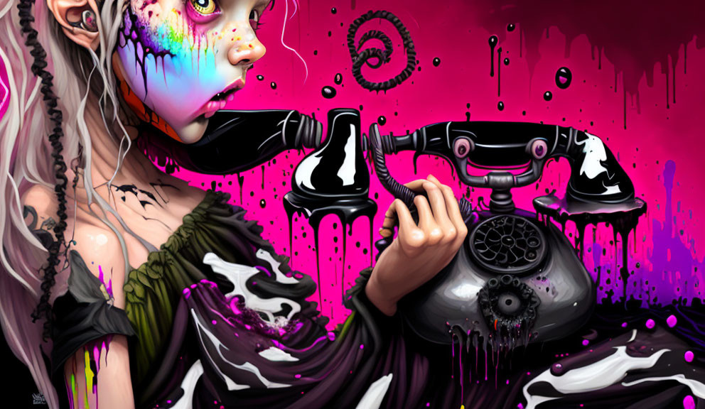Vibrant artwork of woman with striking makeup and vintage telephone