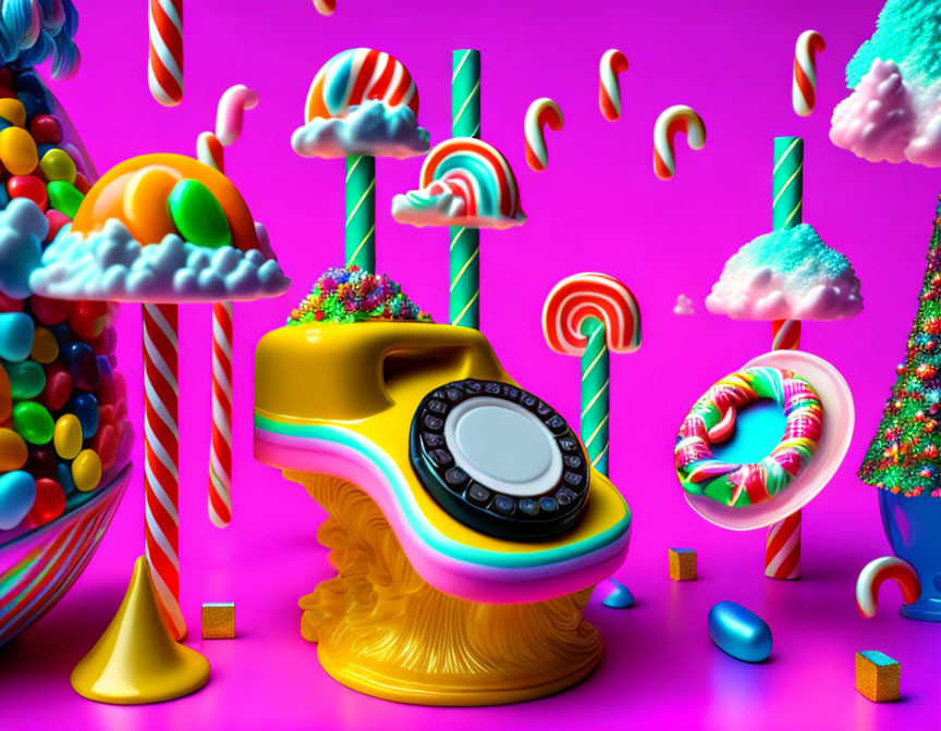 Colorful retro telephone surrounded by candy on pink background