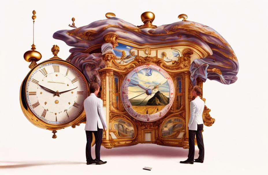 Surreal image: Two people adjusting melting ornate clock with landscape painting, exploring time and distortion