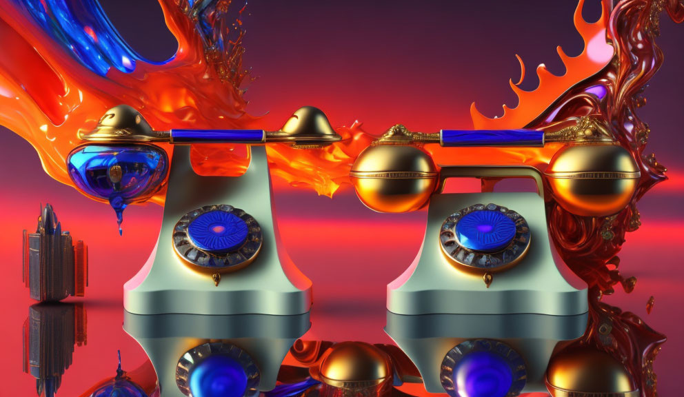 Futuristic orange and blue flame scales on red background with golden spheres and cityscape reflections