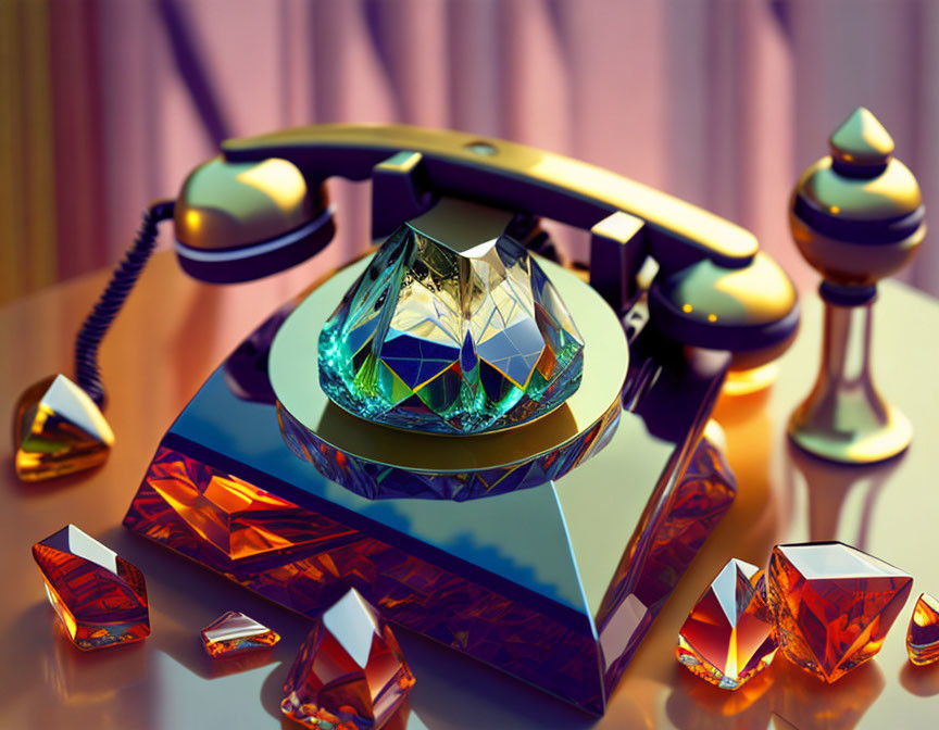 Vintage Telephone with Diamond Dial & Colorful Gemstones on Reflective Surface