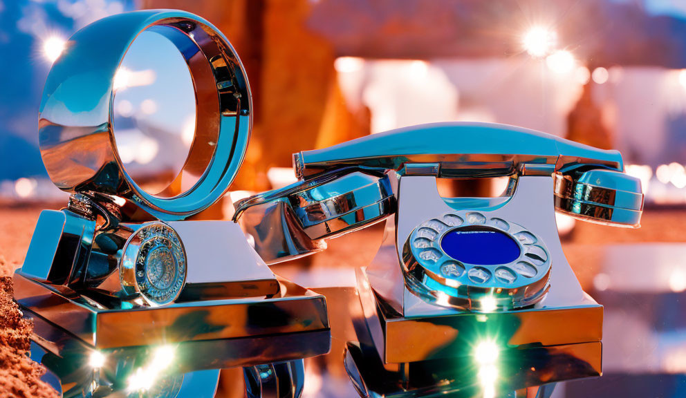 Vintage blue rotary phone and magnifying glass on sandy surface with bokeh effect and warm lights.