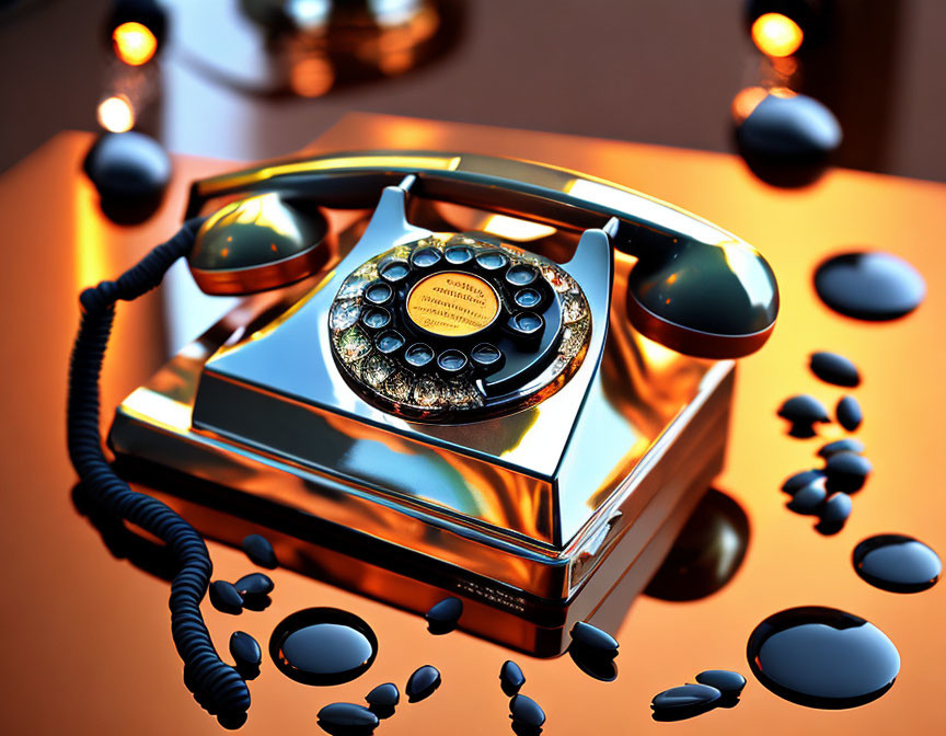 Vintage rotary phone in metallic finish on reflective surface with black cord, surrounded by dark pebble-like shapes