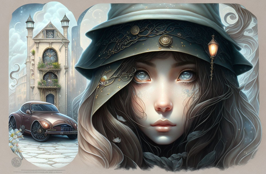 Stylized female face with celestial tattoos, green hat, whimsical street backdrop