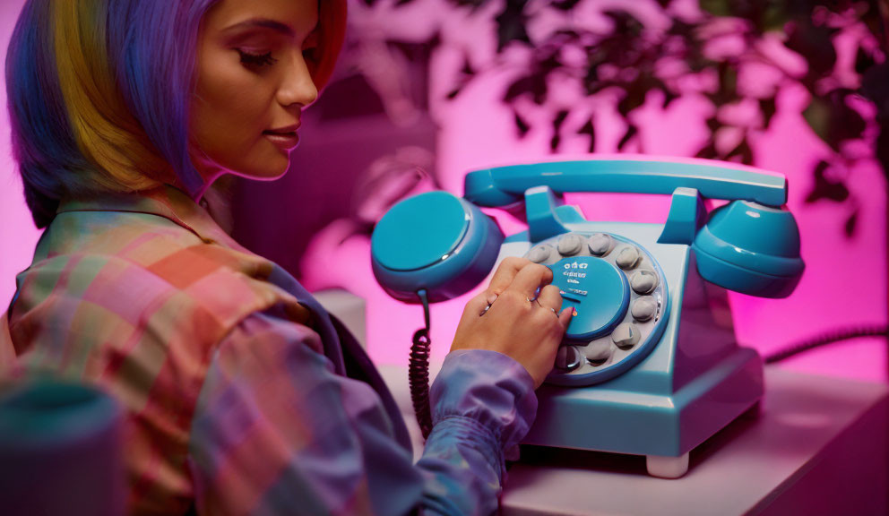 Plaid shirt person dialing vintage rotary phone under pink and purple lighting