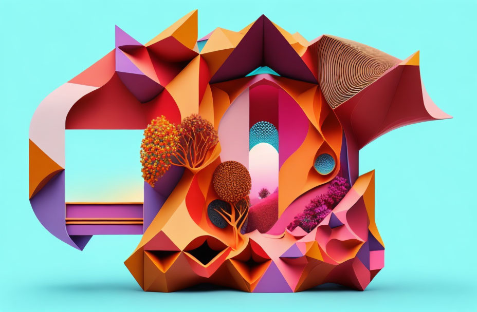 Vibrant 3D abstract art: geometric shapes and stylized trees on turquoise backdrop