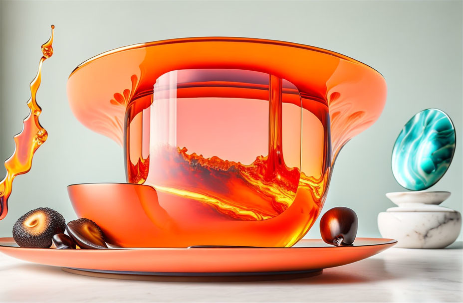 Glossy orange teacup with lava-like liquid and marble egg on saucer