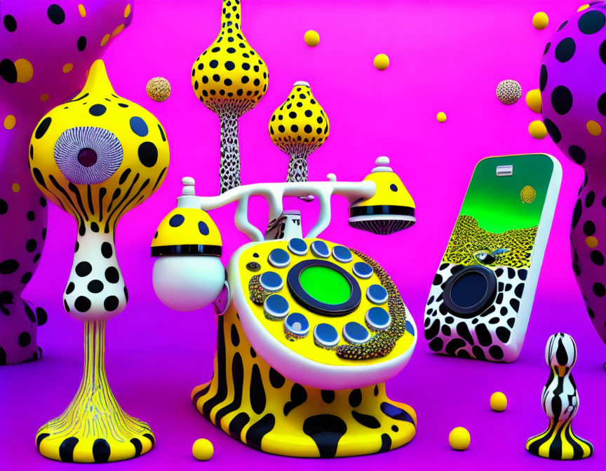 Colorful 3D rendering: retro phone, mushrooms, smartphone, pink background