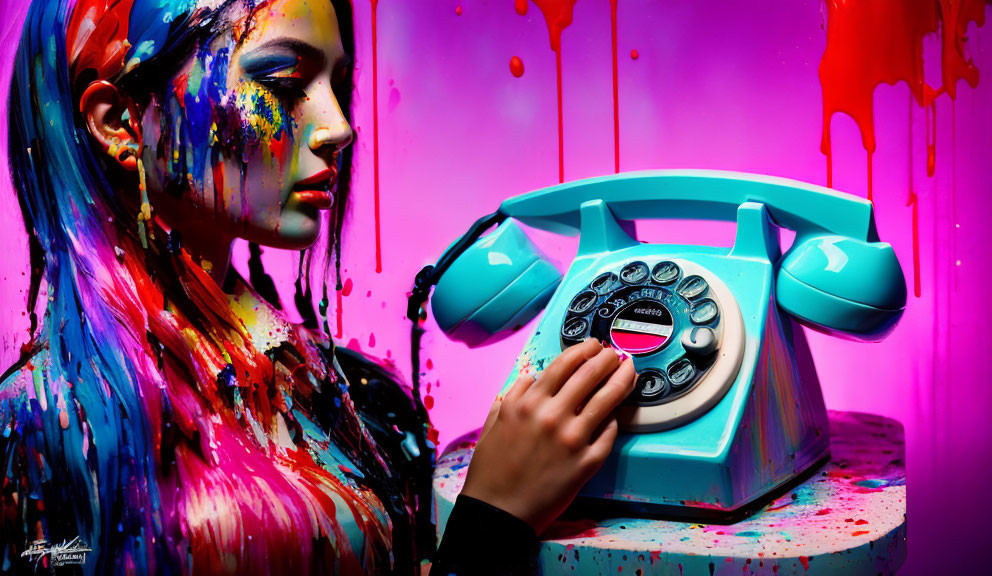 Colorful portrait of woman with paint drips on face, dialing vintage phone on splattered background
