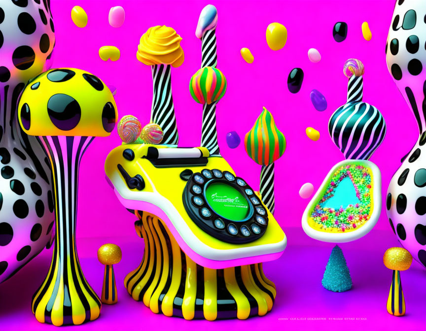 Colorful surrealistic scene with spotted dog, retro phone, and candy trees on pink background