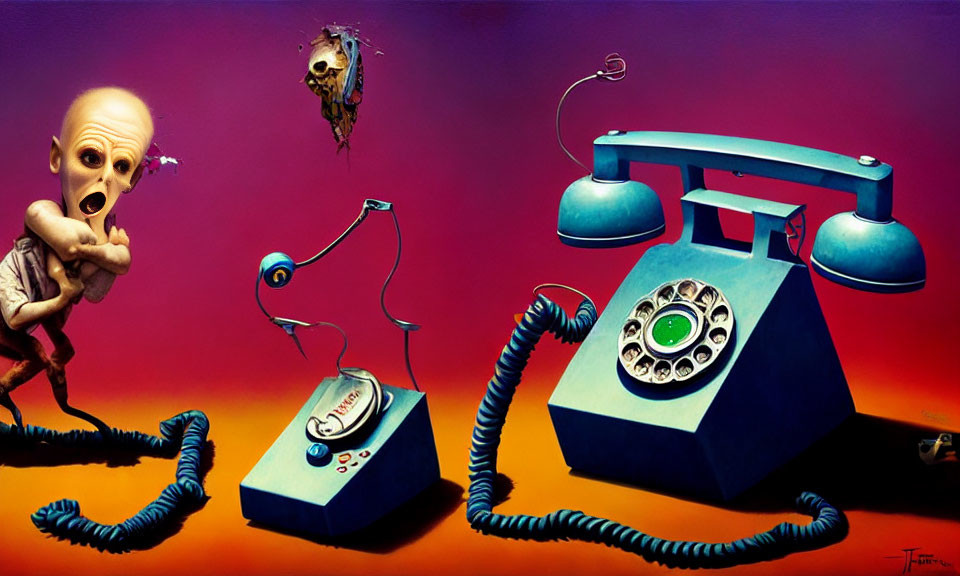 Surreal artwork: alarmed humanoid, decaying bee, vintage phones on red background