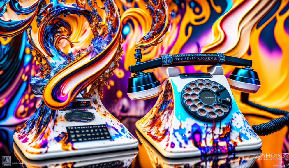 Colorful Psychedelic Artwork: Two Rotary Telephones in Abstract Swirls