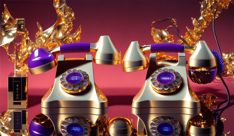 Vintage telephones with purple and gold accents in liquid gold on burgundy background