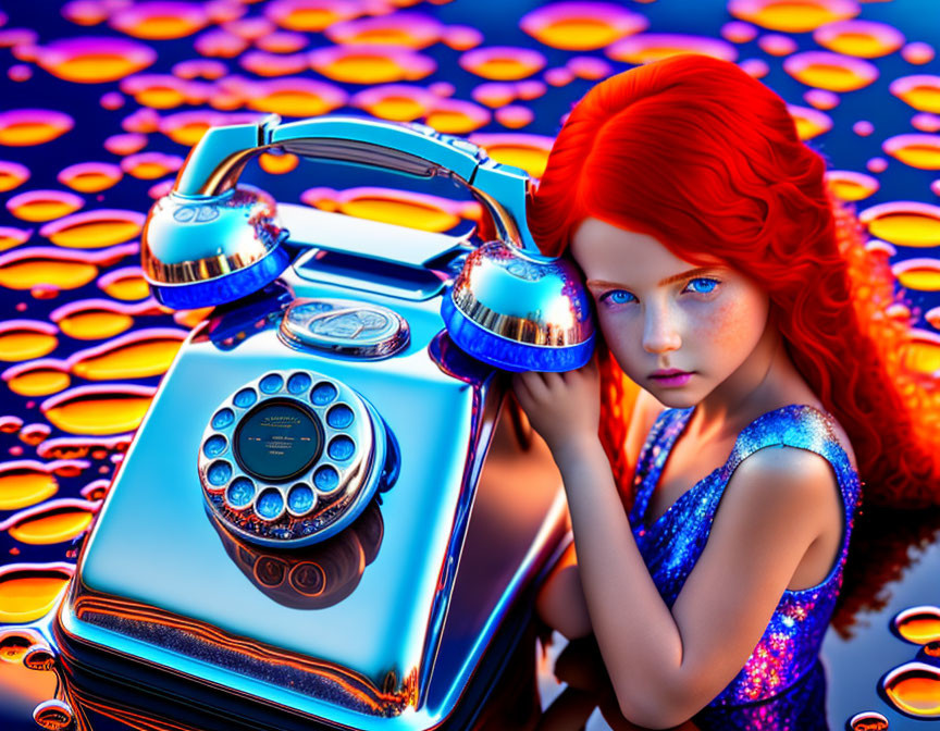 Vivid image of girl with red hair by retro chrome telephone