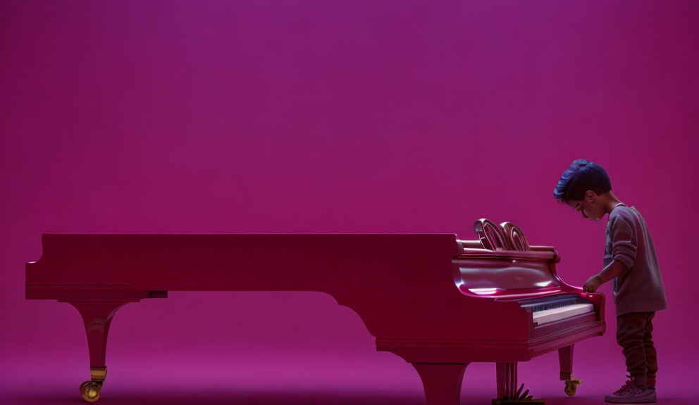 Child next to red grand piano in pink room