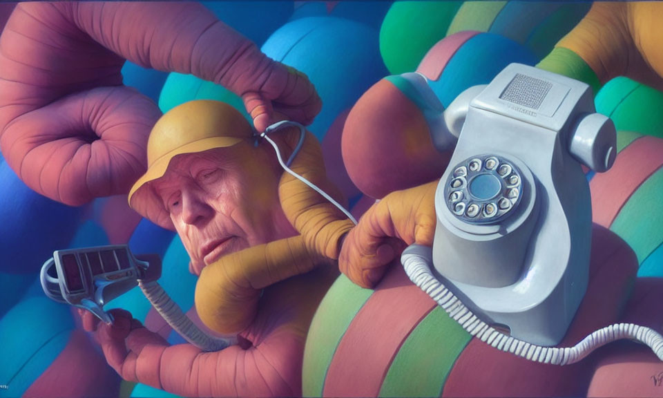 Elderly person in yellow helmet with colorful tubes holding phone receiver