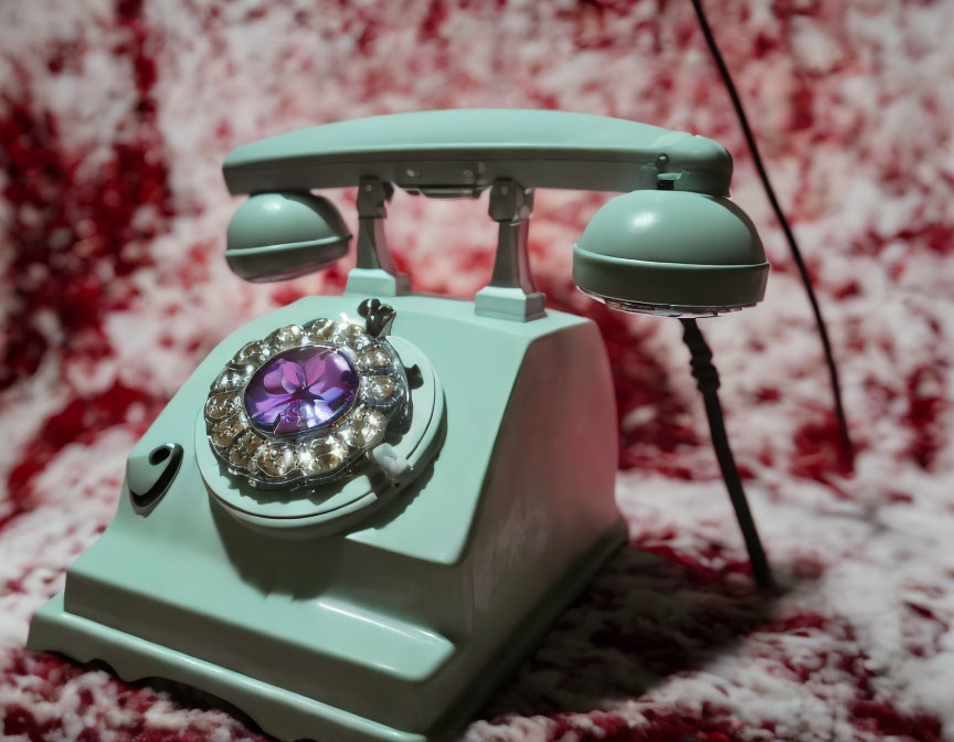 Vintage Mint Green Rotary Telephone with Purple Gemstone on Textured Red Surface
