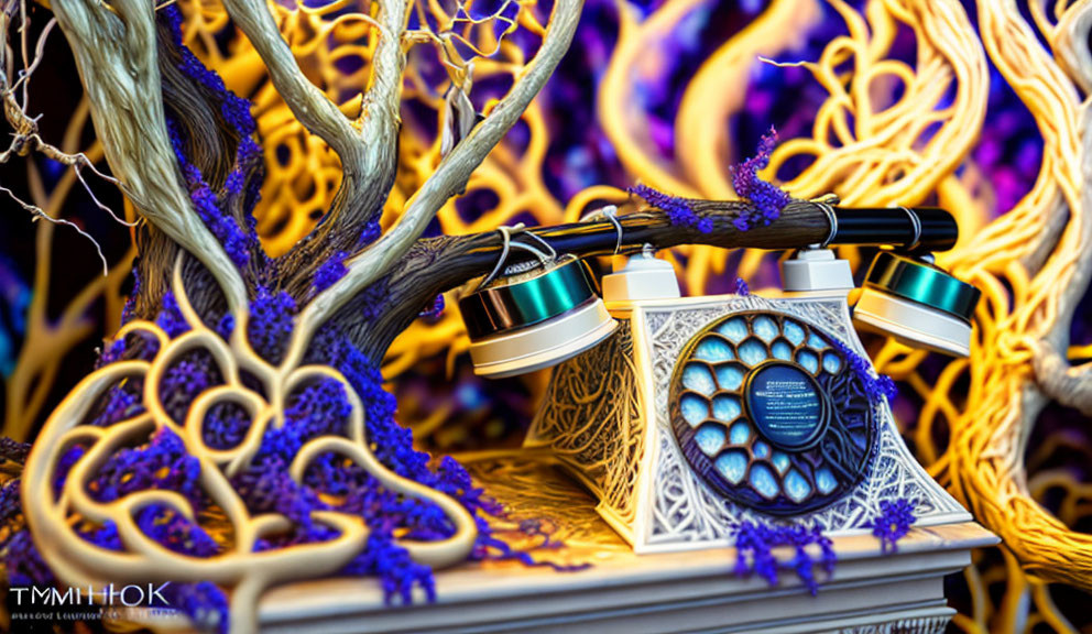 Stylized antique phone with blue and purple tree-like structures