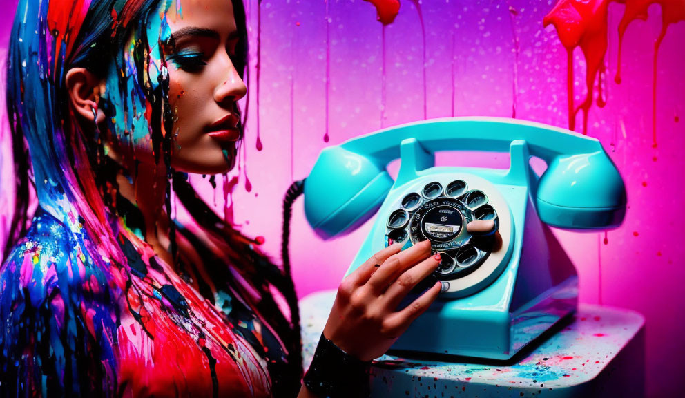 Colorful paint drips on woman with vintage phone, pink and blue background